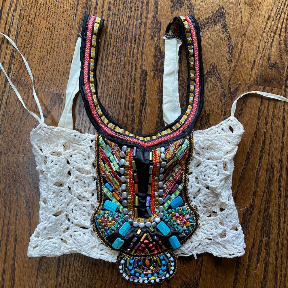Beaded crocheted rainbow and cream crop top